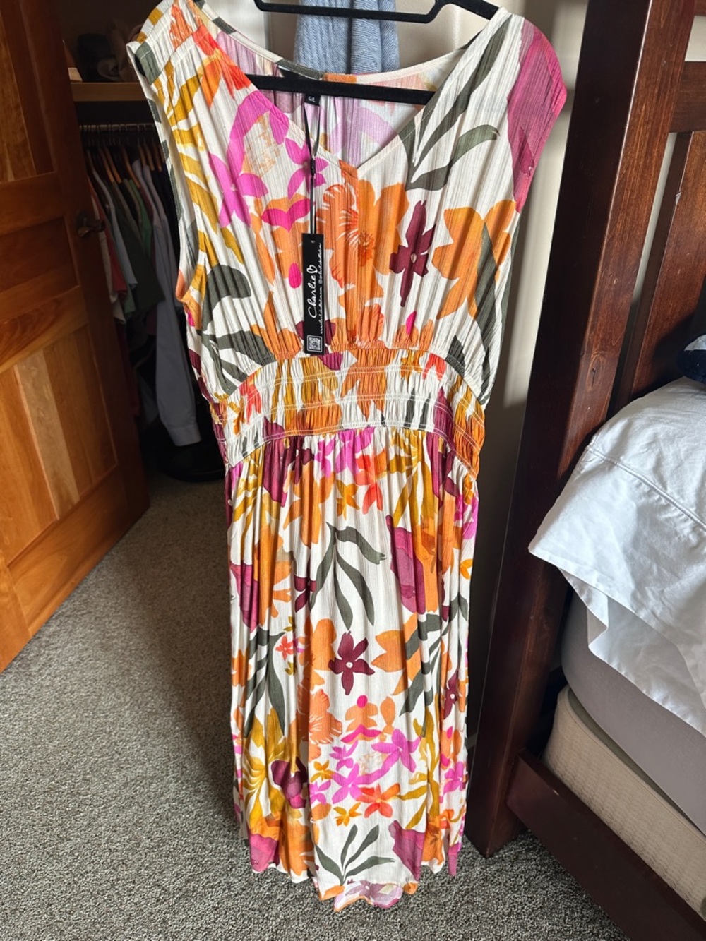 CHARLIE B Floral V-Neck Sleeveless Midi Dress - Pink, Orange & Cream